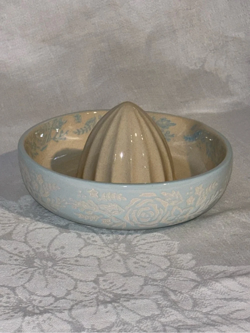 Vintage Pastel Blue Ceramic Citrus Juicer Rose Floral Cottagecore Reamer